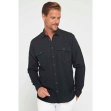 Tudors Klasik Fit Çift Cep Pamuk Keten Erkek Siyah Gömlek