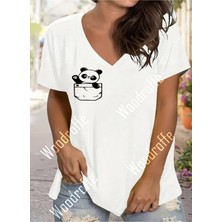 Woodroffe Kadın V Yaka Salaş Cep Panda Baskılı Beyaz Oversize Boyfriend T-Shirt