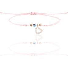 Söğütlü Silver Gümüş Rose Zirkon Taşlı Nazarlı Içi Boş Kalp  Pembe Ipli Şans Bileklik SGTL12482ROSE