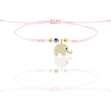 Söğütlü Silver Gümüş Altın Yaldızlı Zirkon Taşlı Nazarlı Fil  Pembe Ipli Şans Bileklik SGTL12483GOLD