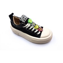 Foershadow S1900 Yüksek Tabanlı Emoji ve Taş Detaylı Siyah Kadın Sneaker Spor Ayakkabı