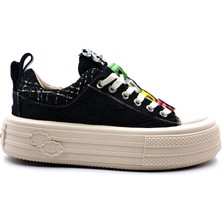 Foershadow S1900 Yüksek Tabanlı Emoji ve Taş Detaylı Siyah Kadın Sneaker Spor Ayakkabı