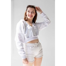 la & vetta  Kapüşonlu V Yaka Crop Örme Sweatshirt