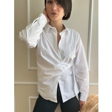 Nidi Store Beyaz Kruvaze Bağcık Detaylı Poplin Gömlek