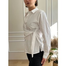 Nidi Store Beyaz Kruvaze Bağcık Detaylı Poplin Gömlek