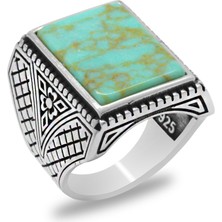 Gümüş Hediye Al Dikdörtgen Firuze-Turkuaz Taşlı Italyan Tasarım 925 Ayar Gümüş Erkek Yüzük