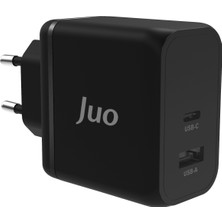 Juo 65W Gan Usb-C + Usb-A Şarj Aleti iPhone & iPad & Macbook & Notebook Uyumlu Pd Type-C Hızlı Şarj Cihazı Siyah