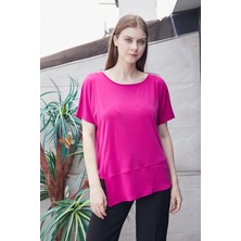 Jument Kadın Likralı Krep Kumaş Kayık Yaka Düşük Omuzlu Asimetrik Bluz-Magenta
