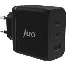 Juo 65W Usb-C + Usb-A 3 Portlu Gan Şarj Aleti iPhone & Macbook & Notebook Uyumlu Pd Type-C Hızlı Şarj Cihazı Siyah