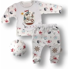 Beruflic Minik Korsan Nakışlı Şapkalı Uzun Kollu Sweatli 3lü Kız-Erkek Bebek Takımı Ekru