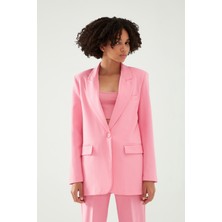 Quzu Blazer Ceket Kadın Şeker Pembe Dokuma Kumaş Cepli Rahat Stil L Beden