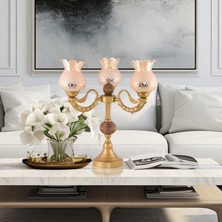 Dede Üçlü Şamdan Masa Lambası Abajur Eskitme  Bal Rengi Camlı