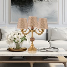 Dede Üçlü Şamdan Masa Lambası Abajur Eskitme Kahverengi Rattan Hasır Şapkalı