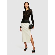 Sisley Bej Kadın Midi Yüksek Belli Keten Etek 4U6WL0023