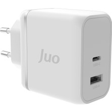 Juo 65W Gan Usb-C + Usb-A Şarj Aleti iPhone & iPad & Macbook & Notebook Uyumlu Pd Type-C Hızlı Şarj Cihazı Beyaz