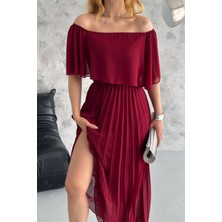Neşeli Butik Kadın Madonna Yaka Piliseli Şifon Elbise NBK2099
