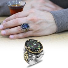 Gümüş Hediye Al Faset Kesim Mistik Topaz Taşlı Yanları Gotik Süslemeli 925 Ayar Gümüş Erkek Yüzük