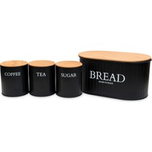 Ahşap Kapaklı Metal Ekmeklik, Çay, Kahve, Şeker 4'lü Set