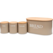 Ahşap Kapaklı Metal Ekmeklik, Çay, Kahve, Şeker 4'lü Set