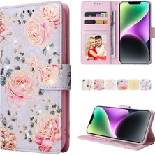 Colorful Shop Ile Uyumlu iPhone 15 Plus Vaka Retro Yaldızlı Kırmızı Gül Çiçek Manyetik Pu Deri Rfıd Engelleme Flip Kart Yuvaları Tutucu Cüzdan Kapağı (Yurt Dışından)