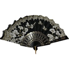 Nazarone Çiçekli Siyah Yelpaze 877-9 23x43 cm Serinletici 1 Adet Şık Parti Malzemesi