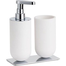 System Banyo Aksesuarları Reçine Tezgah Üstü 2'Li Set Diş Fırçalığı|Sıvı Sabunluk Beyaz|Krom 206x89x170 mm
