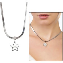 Gümüş Hediye Al Gümüş Renk Kararmaz Metal Snake Zincirli Kır Çiçeği Detaylı Inci Doğaltaş Kombinli Kadın Kolye