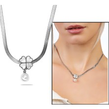 Gümüş Hediye Al Gümüş Renk Kararmaz Metal Snake Zincirli Sedef Taşlı Yonca Yaprağı Detaylı Inci Doğaltaş Kombinli Kadın Kolye