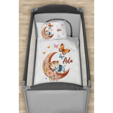 Homamia Isme Özel 75X120 Park Yatak Beşik Nevresim Takımı Aydaki Kelebekli Ayı