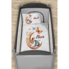 Homamia Isme Özel 75X120 Park Yatak Beşik Nevresim Takımı Aydaki Kelebekli Tavşan