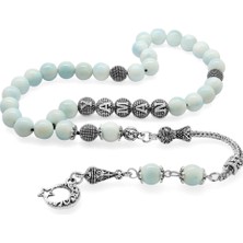 Gümüş Hediye Al Kararmaz Metal Püsküllü Küre Kesim Kişiye Özel Isim Yazılı Larimar Doğaltaş Tesbih