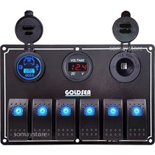 Goldsea Switch Panel 6 Anahtarlı Usb Type-C + Voltmetre + Şarj Soketli 12-24V 120X180mm Mavi Işık