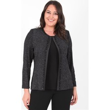 Ladies First Büyük Beden 3115 Siyah Gümüş Ceket+Atlet Abiye Ikili Takım