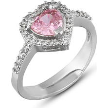 Forentina Gümüş Rengi Pembe Taşlı Kalpli Ayarlanabilir Yüzük PS3536