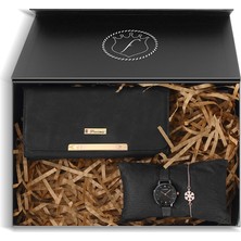 Forentina Özel Siyah Kutuda Siyah Cüzdan Hasır Saat Bileklik Hediye Set PS3493