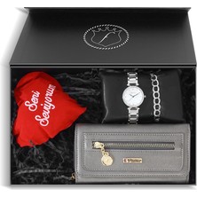 Forentina Özel Siyah Kutuda Gri Cüzdan Saat Bileklik-Kalpli Yastık Hediye Set PS3496