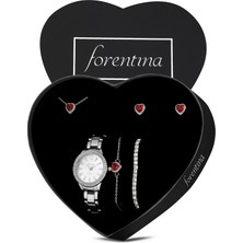 Forentina Gümüş Kaplama Kırmızı Taşlı Kalp Kolye Küpe Bileklik Saat Hediye Set PS3490