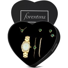 Forentina Altın Kaplama Yeşil Taşlı Kalp Kolye Küpe Bileklik Yüzük Saat Hediye Set PS3491