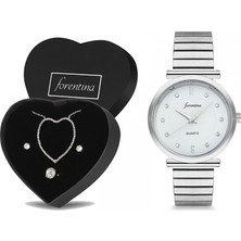 Forentina Bayan Gri Metal Kol Saati Kalpli Takı Seti Kombin PS2475