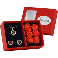 Forentina Altın Kaplama Kırmızı Taşlı Kalp Kolye Küpe-Kırmızı Güllü Kutuda Hediye Set PS3466