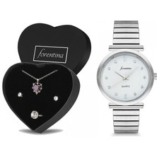 Forentina Bayan Gri Metal Kol Saati Mor Taşlı Takı Seti Kombin PS2476