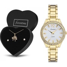 Forentina Bayan Sarı Metal Kol Saati - Hayat Ağacı Kolye Küpe Kombin Set PS2449