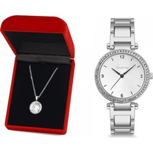 Forentina Bayan Beyaz Metal Kol Saati Zirkon Taşlı Kolye Kombin Set PS2466