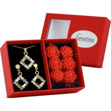 Forentina Altın Kaplama Baget Kolye Küpe-Kırmızı Güllü Kutuda Hediye Set PS3454