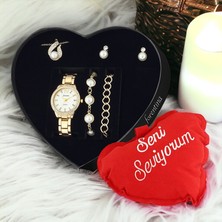 Forentina Altın Kaplama Inci Modeli Kolye Küpe Bileklik Saat Kalpli Yastık Hediye Set PS3410