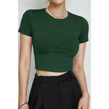 Kadın Çimen Yeşili Bisiklet Yaka Likralı Kısa Kol Body Crop Bluz