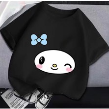 Kids Face Özel Tasarım Mavi Kurdeleli Kuromi Baskılı %100 Pamuk Oversize Kız Çocuk T-Shırt