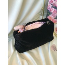 Melsea Peluş Kadın Makyaj ve Bakım Çantası Siyah Peluş Toz Pembe Saten