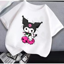 Kids Face Özel Tasarım Çift Kuru Kafa Kuromi Baskılı %100 Pamuk Oversize Kız Çocuk Trend T-Shırt