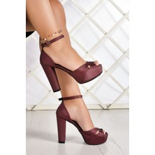 Erkan Saçmacı Lori Bordo Saten Çapraz Bantlı Açık Yuvarlak Burun Platform Topuklu Abiye Ayakkabı